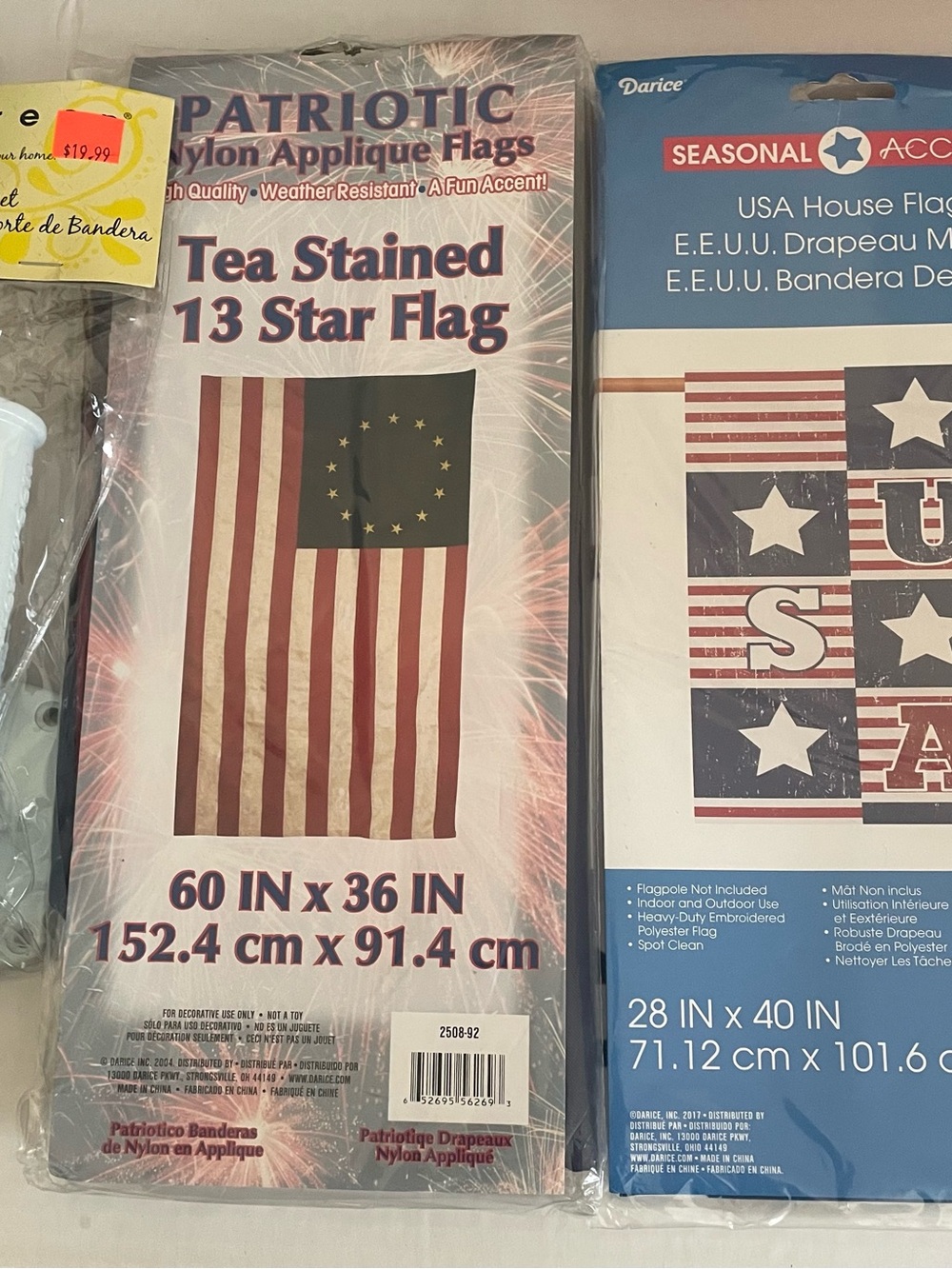 USA Flag, 13 Star Tea Stained American Flag and Adjustable Flag Bracket Lot